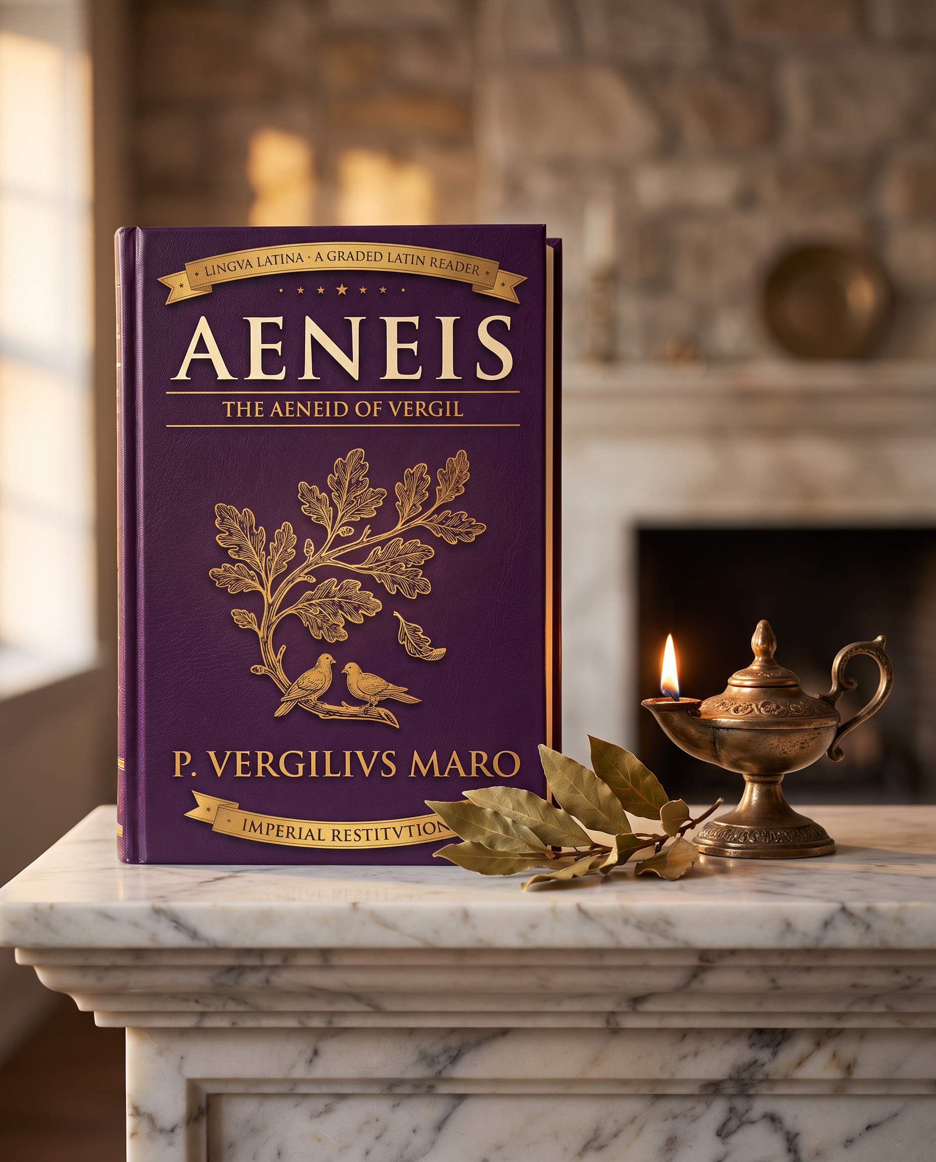 Aeneis hardcover Latin reader on a marble mantel