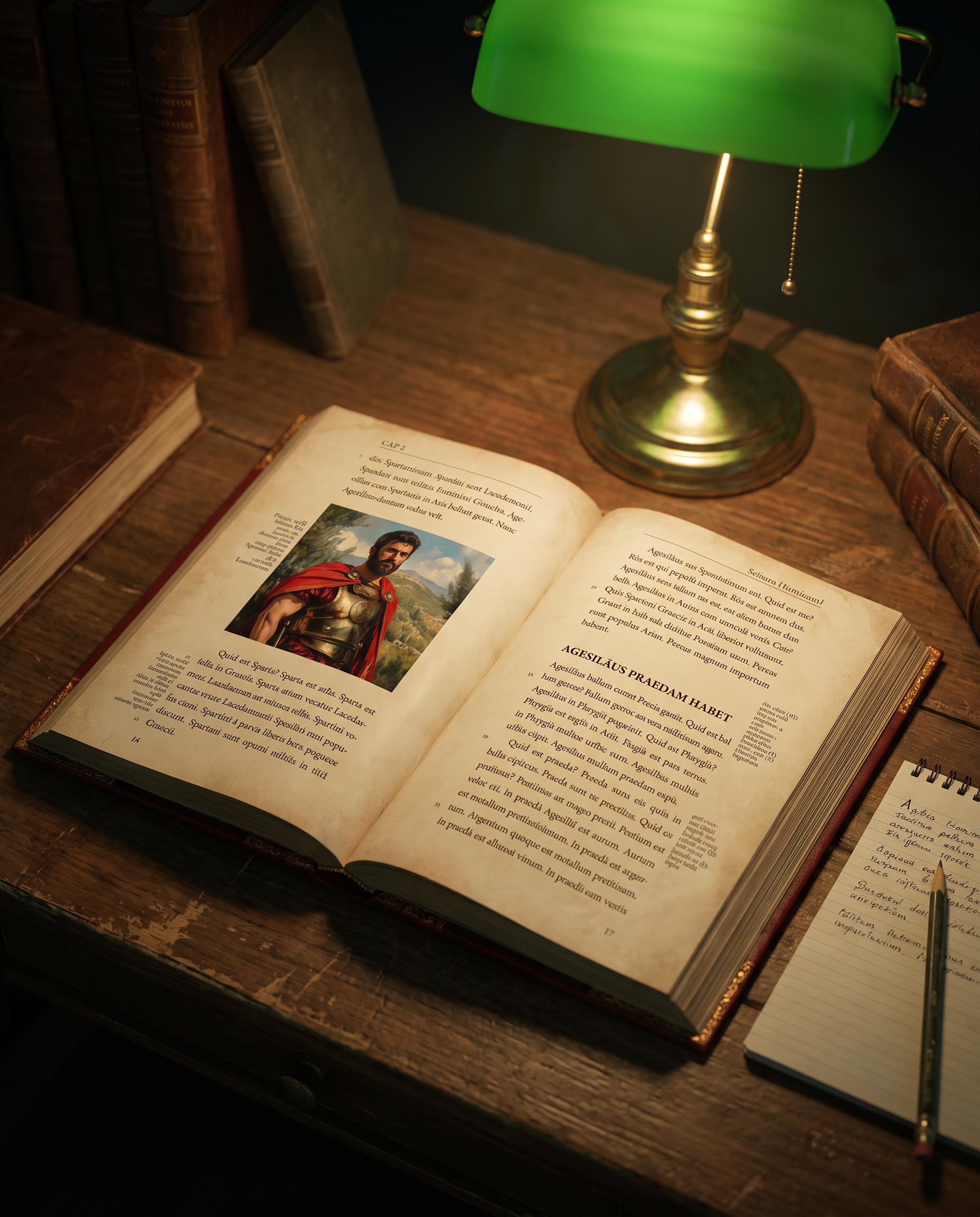 Strategemata Latin reader open under a study lamp