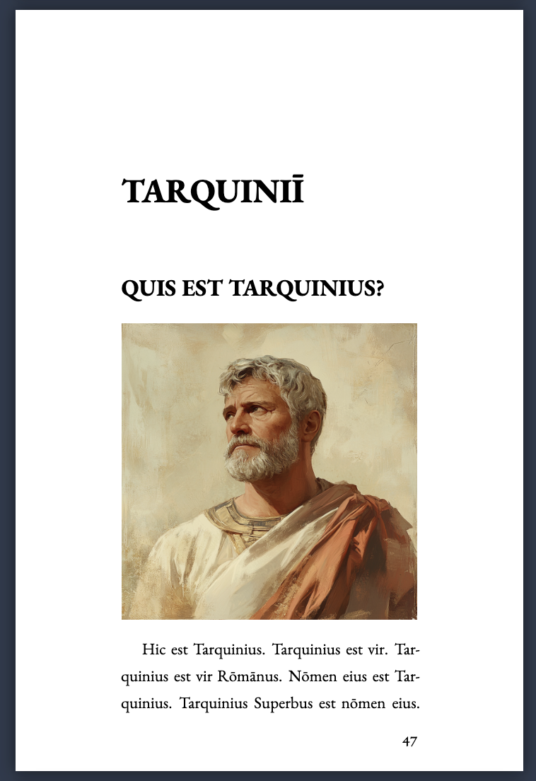 Strategemata interior chapter page titled Tarquinii with a portrait and Latin text